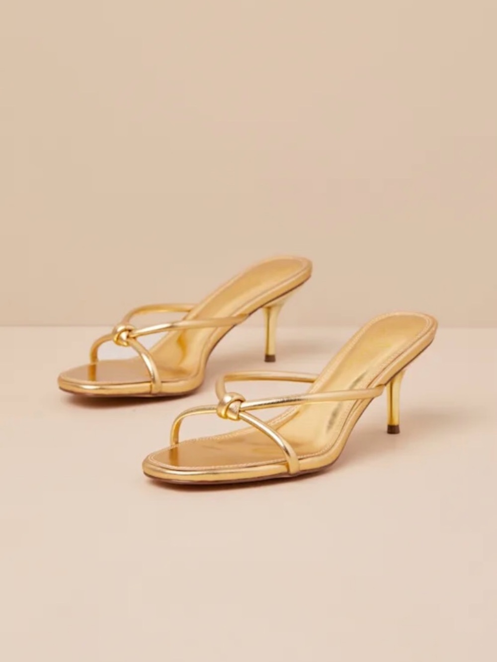 Lulu's Gold Knot-Strap Mid-Heel Mules